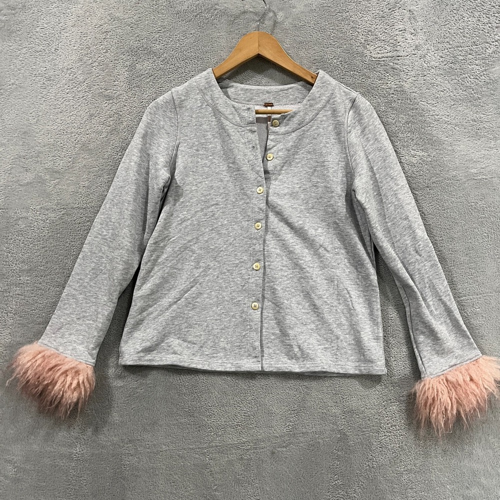 Free People Cardigan Sweater Womens XS Gray Heather Faux Fur Cuff Button Front